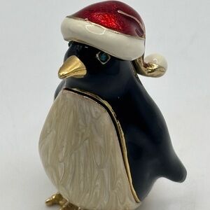 Monet PENGUIN IN SANTA HAT 1.75" Trinket Box Enameled Christmas Holiday